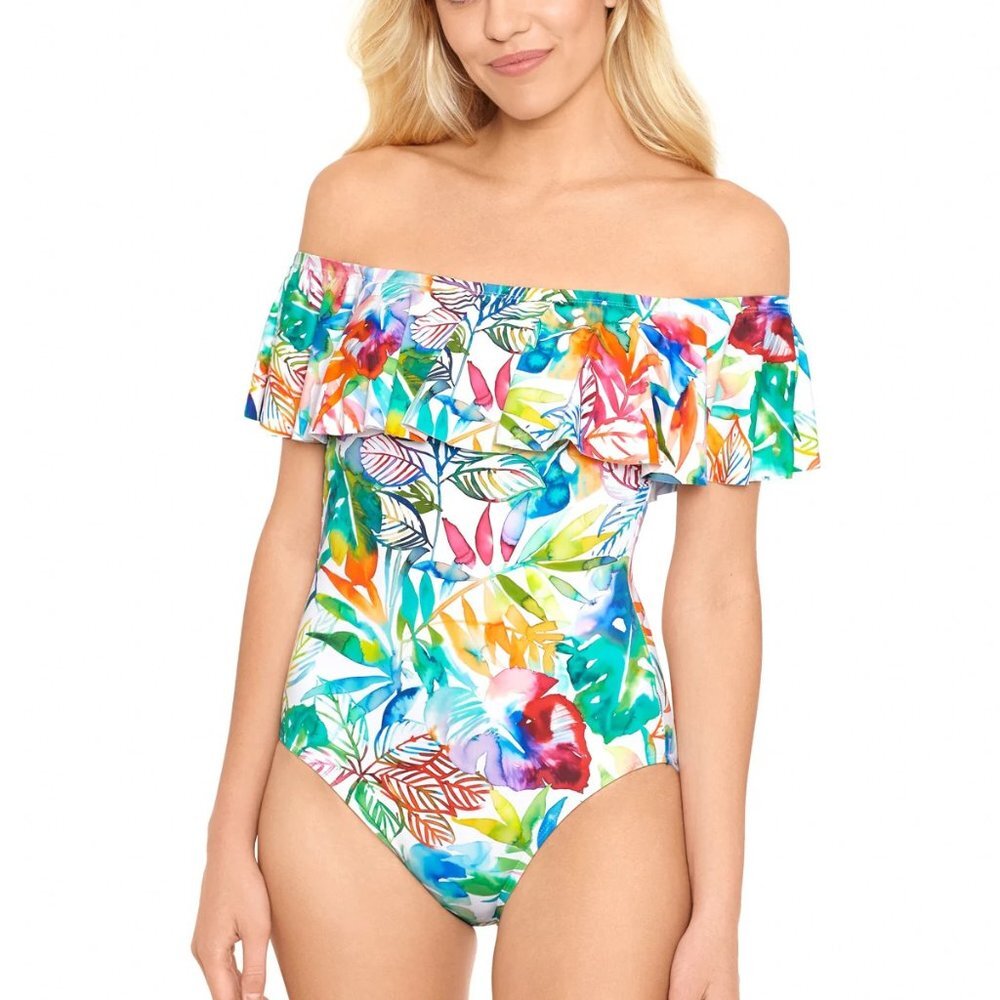 NWT Ralph Lauren Tropical Caribbean Off the Shoulder One Piece Swimsuit 16